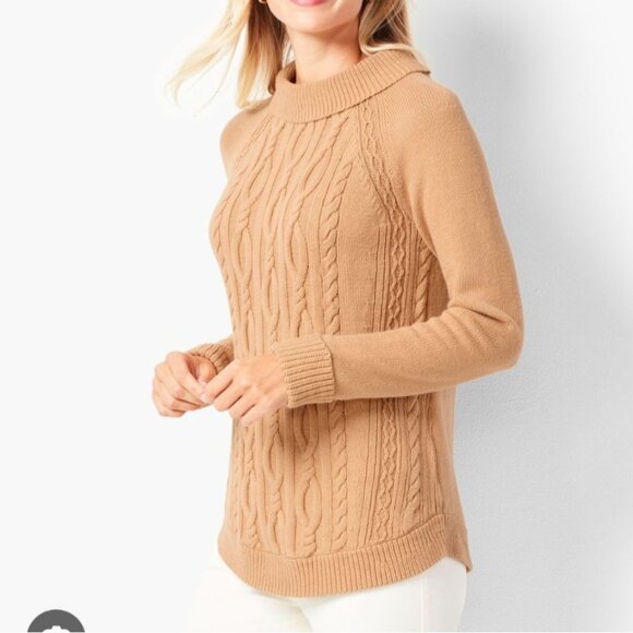 Talbots Sweater Medium P Petite Tan Cable Knit Preppy Feminine Portrait Collar - Picture 2 of 7